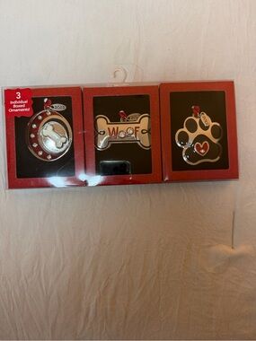 Set of 3 Dog-Themed Ornaments - Red, Silver, White